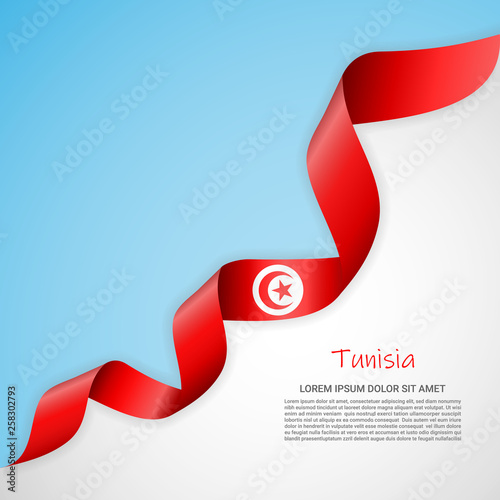 Vector banner in white and blue colors and waving ribbon with flag of Tunisia. Template for poster design, brochures, printed materials, logos, independence day. National flags
