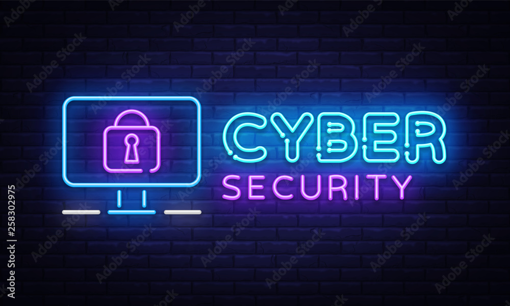 Cyber Security Neon signboard Vector. Internet Security neon sign, design template, modern trend design, night signboard, night bright advertising, light banner, light art. Vector illustration Cyber Security Neon signboard Vector. Internet Security neon sign, design template, modern trend design, night signboard, night bright advertising, light banner, light art. Vector illustration