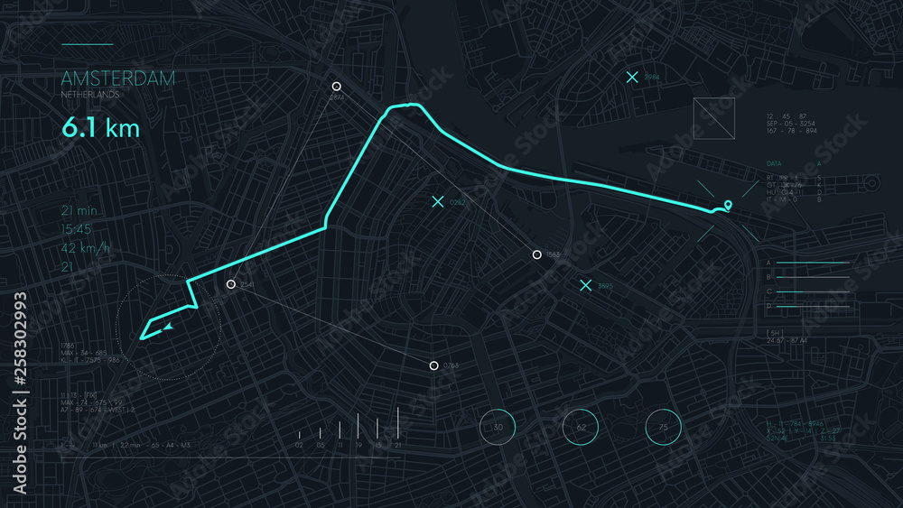 Futuristic navigate mapping technology dashboard GPS tracking map, showing movement and final 