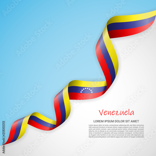 Vector banner in white and blue colors and waving ribbon with flag of Venezuela. Template for poster design, brochures, printed materials, logos, independence day. National flags