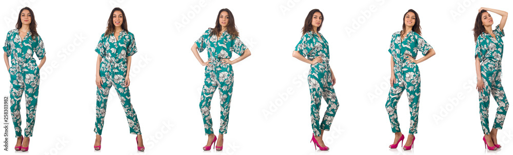 Collage of woman in fashion look isolated on white