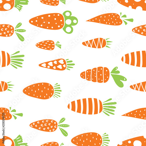 Carrot seamless pattern for Easter. Linear carrots and orange polka dots. Endless pattern can be used for ceramic tile, wallpaper, linoleum, textile, web page background