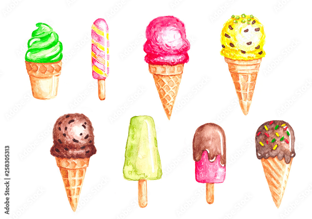 Watercolor Ice cream seamless on white background. Ice cream illustration set pastel colors Assorted Ice Cream for print card and textile Watercolor Ice cream seamless on white background. Ice cream illustration set pastel colors Assorted Ice Cream for print card and textile