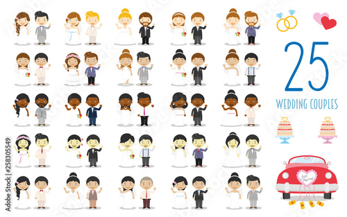 Set of 25 wedding couples and nuptial icons in cartoon style