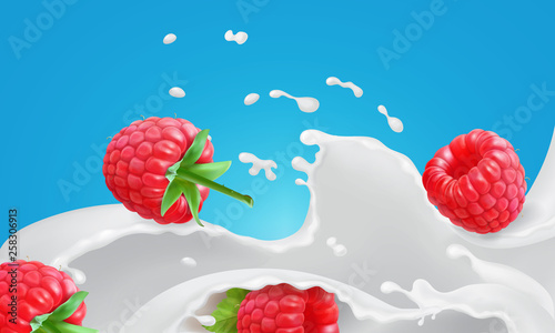 Red raspberry in creamy yogurt. Milk splash with floating berries isolated advertising of dairy products