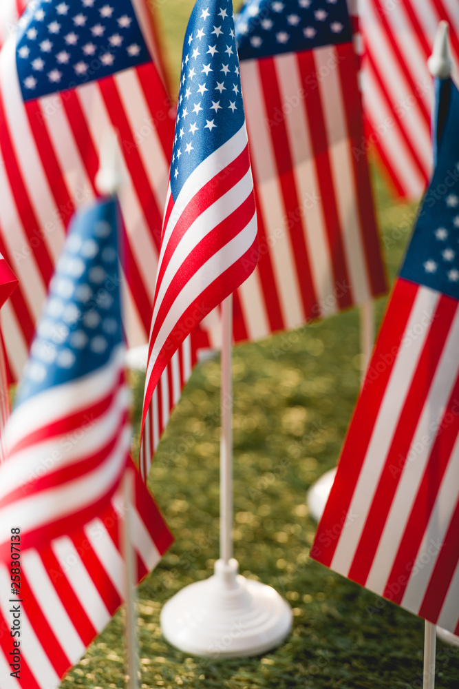 selective focus of american flags with stars and stripes on grass
