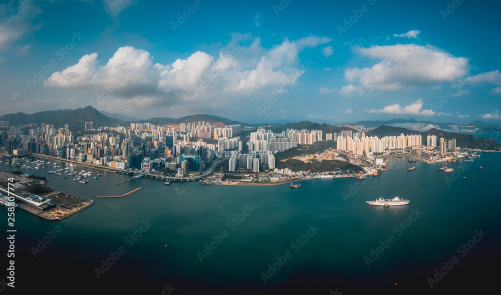 Aerial panoramic view of Hong Kong City from Lei Yue Mun
