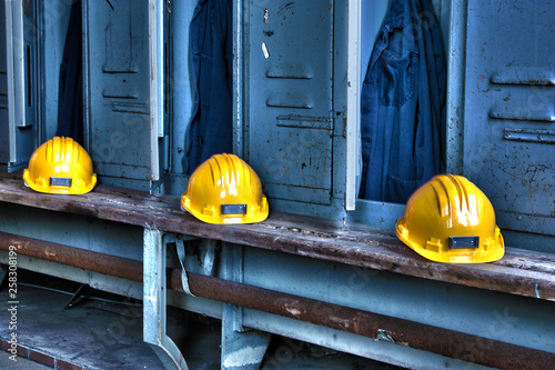 Helmets in old mine building in Beringen, Belgium. HDR.