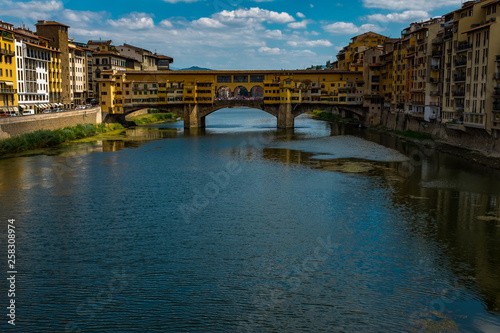 A view down the Arno River in Florence to the famous Ponte Vecchio, this bridge was the only one not destroyed in Florence during world war II