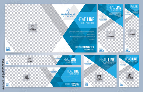 Blue and White Web banners templates, standard sizes with space for photo, modern design