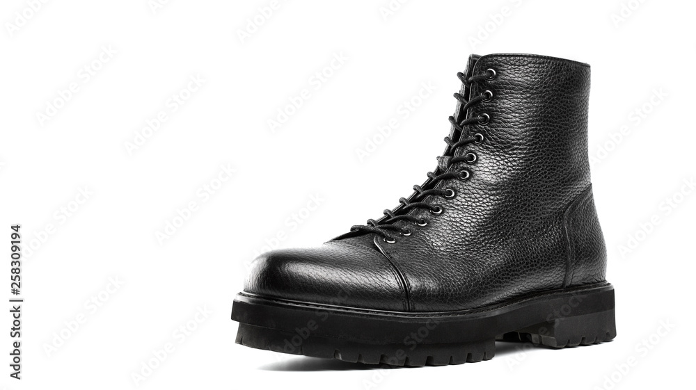 Men's fashion leather shoes for autumn, spring, European winter. Boots for a modern grunge woman. Women's black boots with laces isolated on white. Black Leather Army Boots. Autumn. Fashion. Style. Men's fashion leather shoes for autumn, spring, European winter. Boots for a modern grunge woman. Women's black boots with laces isolated on white. Black Leather Army Boots. Autumn. Fashion. Style.