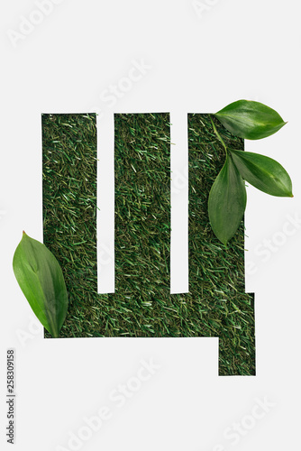 top view of cyrillic letter with green grass on background and green natural leaves isolated on white