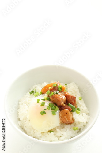 Japanese food, canned Yakitori and egg on rice