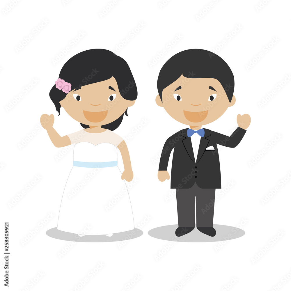 Oriental newlywed couple in cartoon style Vector illustration Oriental newlywed couple in cartoon style Vector illustration