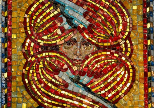 Fragment of the mosaic on the facade of the Nativity of the virgin Church of Ufa  Russia.