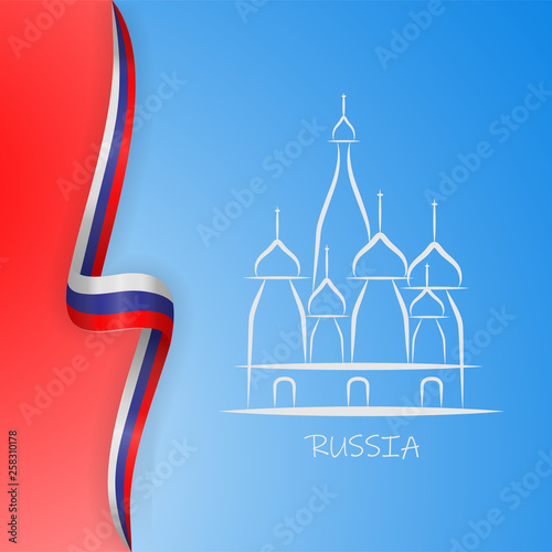 Illustration inscription Russia Moscow Kremlin and St. Basils Cathedral on background with the flag of Russia. Vector illustration, eps 10
