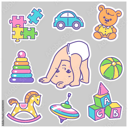 Vector collection of baby icons, stickers. Cute little baby boy or girl stand on head, upside down, play with toys. Child in diaper with pyramid, ball, bear. Colorful baby design elements isolated.