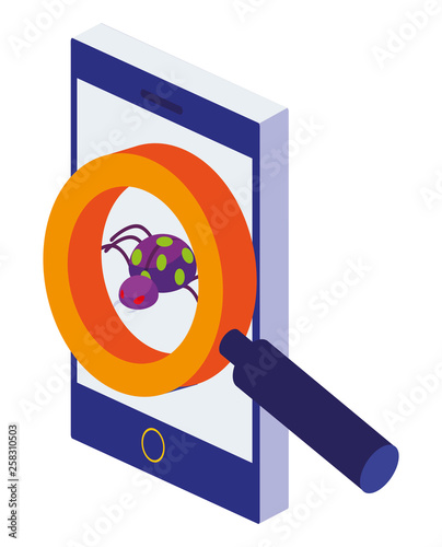 smartphone with magnifying searching bug virus atack