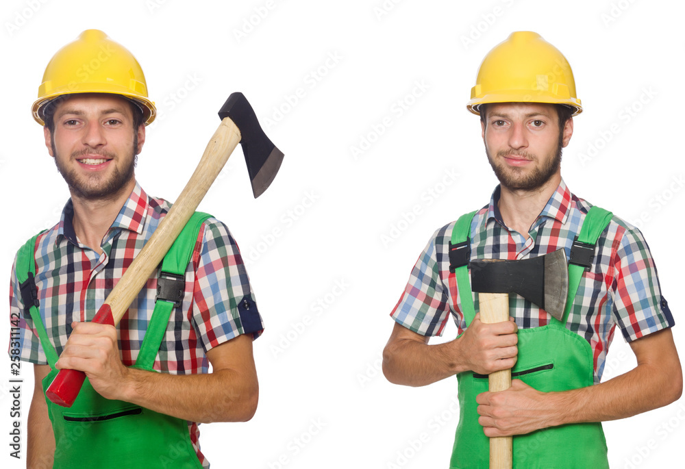 Industrial worker with hatchet isolated on white Industrial worker with hatchet isolated on white