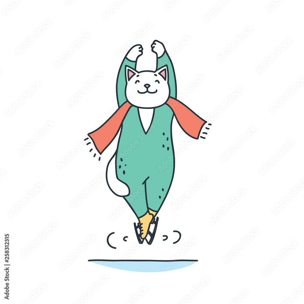 Figure skater cat. Doodle illustration of cute cat skating at ice arena