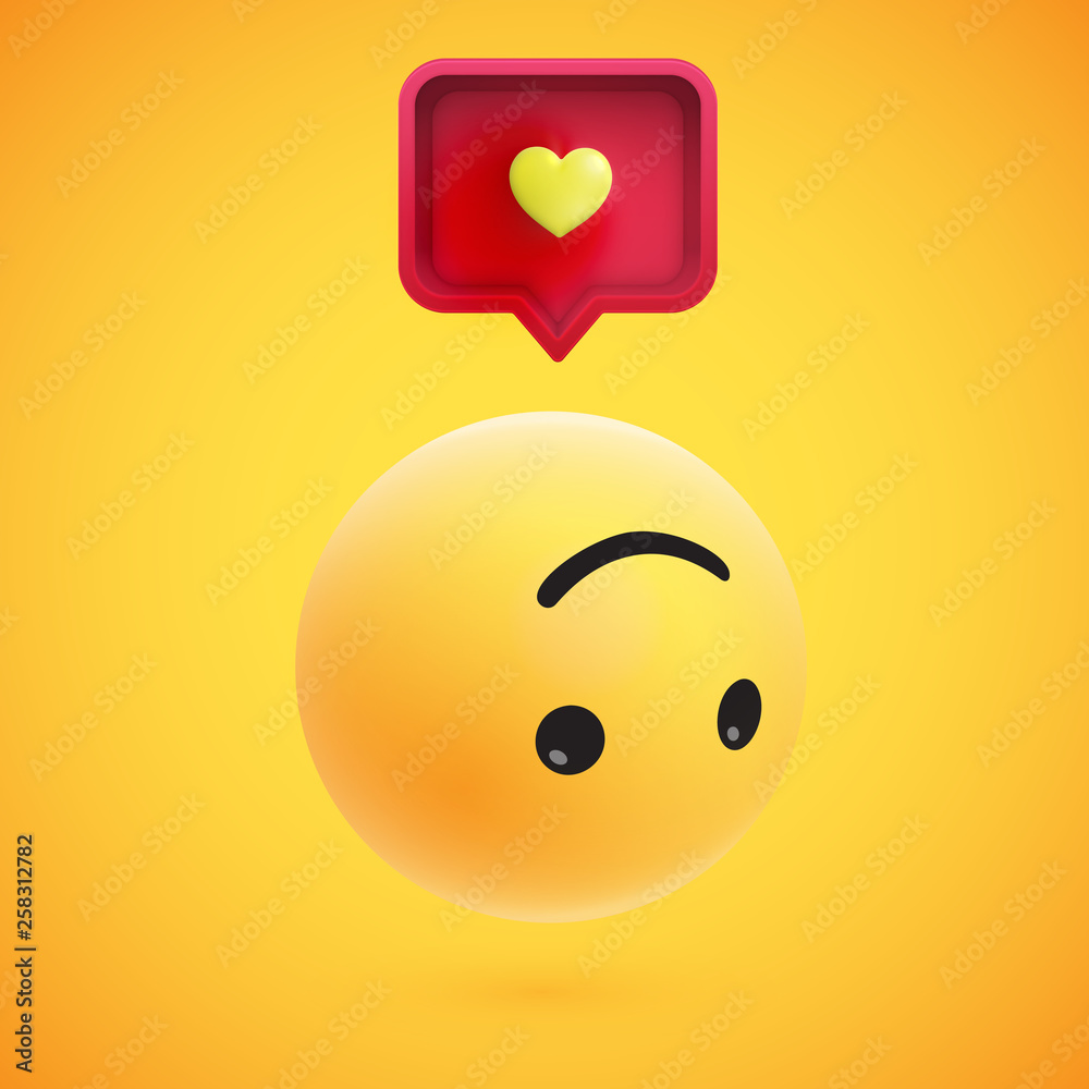 Fototapeta premium Cute high-detailed yellow 3D emoticon with speech bubble and heart for web, vector illustration