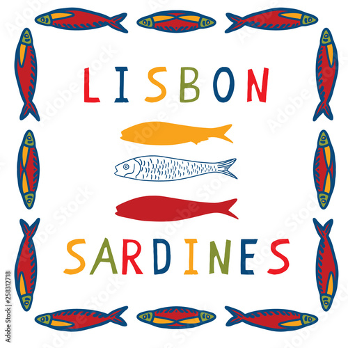 Sardine frame clipart with Lisbon text. Grilled fishes symbol for St Antonio traditional portugese food festival. June Portugal party. Atlantic blue ocean animal. Isolated fishing tourism advertising photo