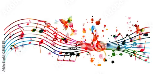 Obraz Muzyczny tło z kolorową muzyką zauważa wektorowego ilustracyjnego projekt. Plakat festiwalu muzyki artystycznej, imprezy koncertowe na żywo, ulotka imprezowa, znaki i symbole notatek muzycznych