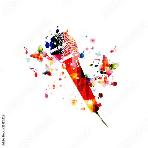 Colorful microphone with music notes isolated vector illustration design. Music background. Karaoke poster, music festival poster, live concert events, party flyer
