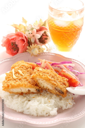 Japanese fried fish on rice served with salad