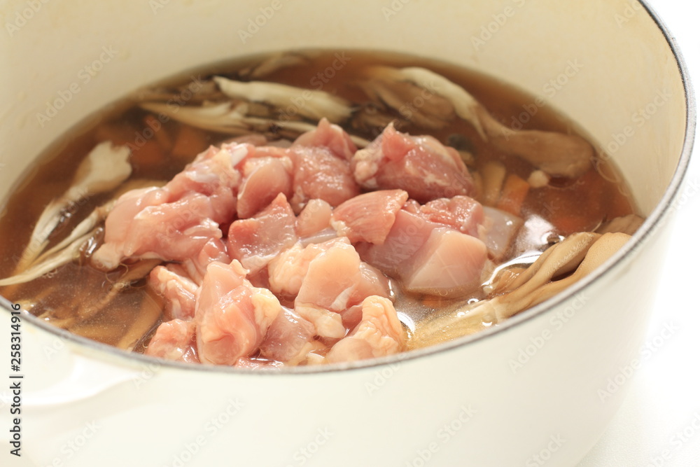 Japanese cuisine, burdock and chicken for rice cooking