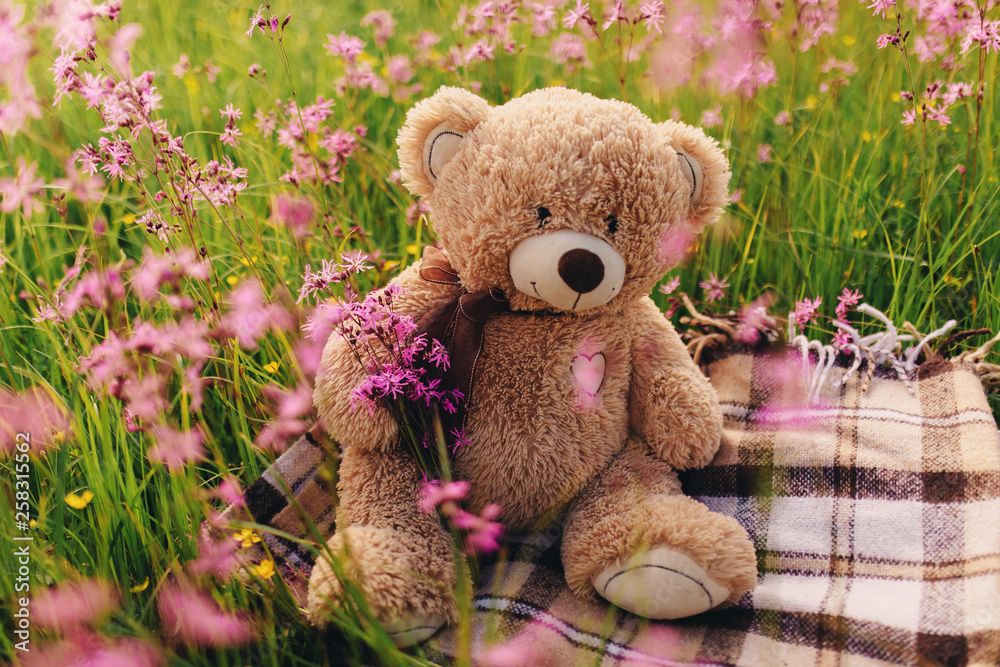 Obraz premium Teddy bear and a bouquet of lilac flowers. toy bag with a bouquet of flowers. spring flowers