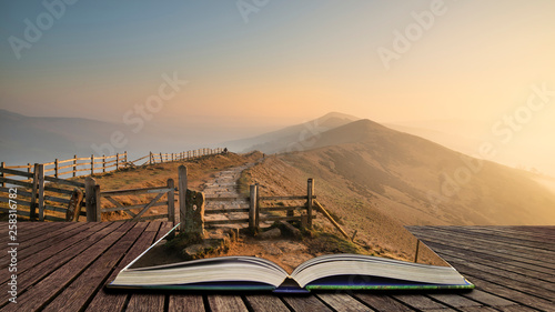 Stunning Winter sunrise landscape image of The Great Ridge in the Peak District in pages of open book, story telling concept