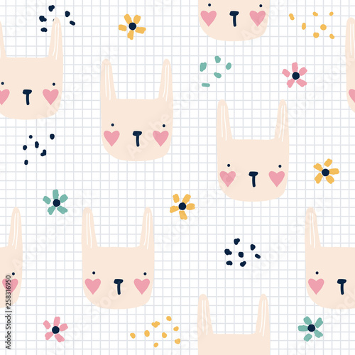 Lovely bunny and hand drawn flowers seamless pattern. Kids print for textile or paper. Vector illustration.