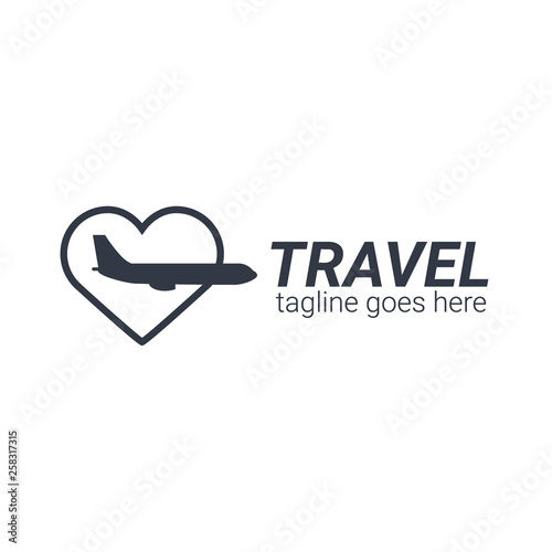 Travel logo template with airplane and heart. Vector illustration.