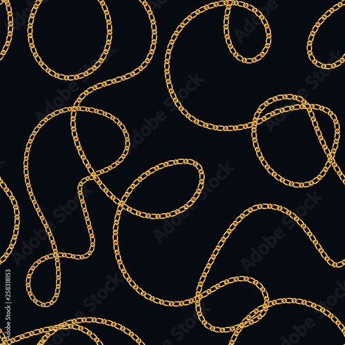 Seamless pattern with realistic golden chain for fabric design. Perfect for wallpapers, surface textures, textile. Isolated on black background. 1t