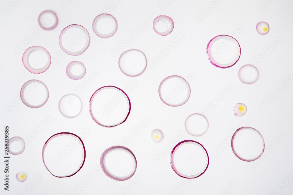 background with fresh sliced red onions on grey background with fresh sliced red onions on grey