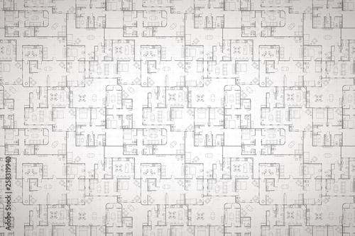Complicated house floor plan with interior details on construction blueprint scheme, detailed background