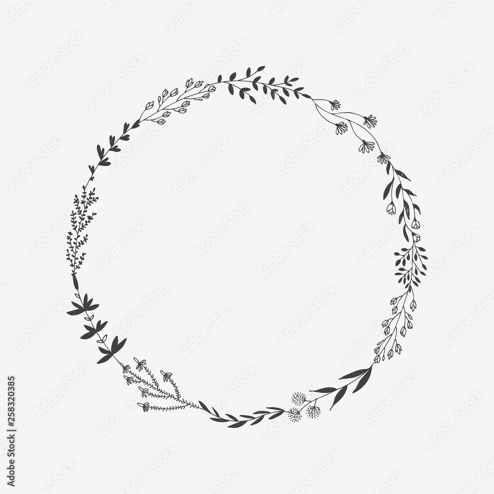 Hand drawn vector round frame with floral elements, herbs, leaves, flowers, twigs, branches Hand drawn vector round frame with floral elements, herbs, leaves, flowers, twigs, branches