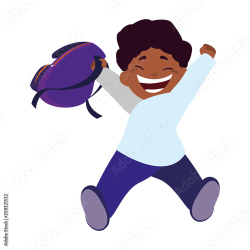 happy little black schoolboy with schoolbag character