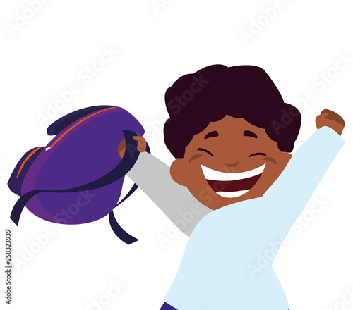 happy little black schoolboy with schoolbag character
