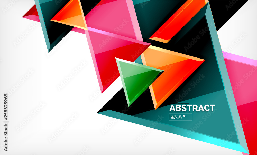 Triangles repetiton geometric abstract background, multicolored glossy triangular shapes, hi-tech poster cover design or web presentation template with copy space Triangles repetiton geometric abstract background, multicolored glossy triangular shapes, hi-tech poster cover design or web presentation template with copy space