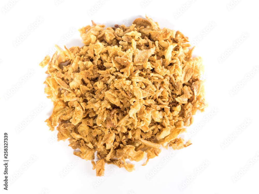 Crunchy fried onion mountain on white background Crunchy fried onion mountain on white background