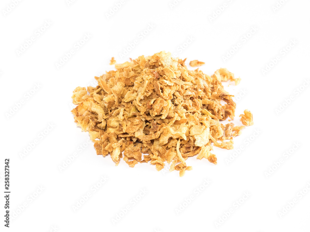 Crunchy fried onion mountain on white background Crunchy fried onion mountain on white background