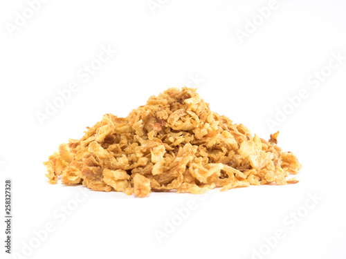 Crunchy fried onion mountain on white background