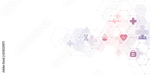 Abstract medical background with flat icons and symbols. Concepts and ideas for healthcare technology, innovation medicine, health, science and research.
