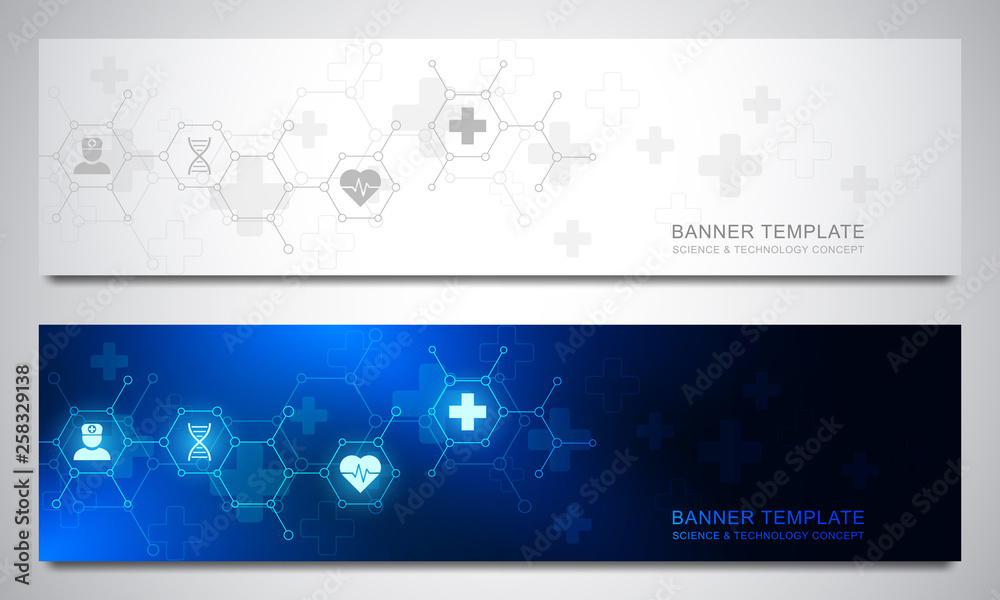 Banners design template for healthcare and medical decoration with flat icons and symbols. Science, medicine and innovation technology concept. Banners design template for healthcare and medical decoration with flat icons and symbols. Science, medicine and innovation technology concept.