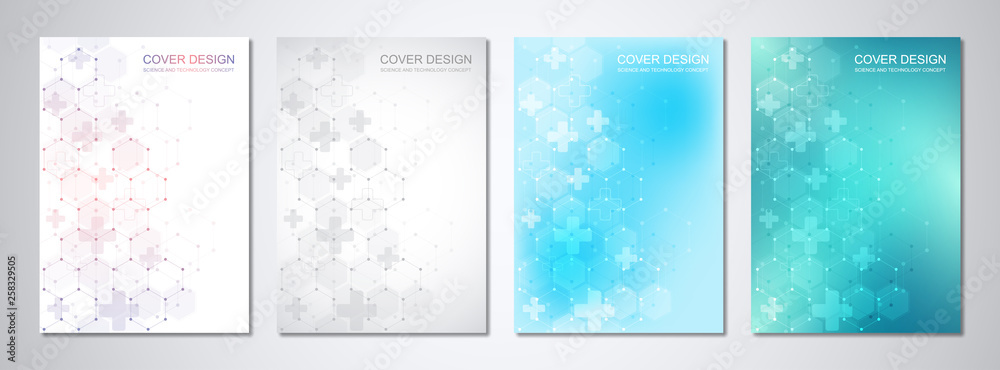 Vector templates for cover or brochure with abstract hexagons pattern. Concepts and ideas for medical, healthcare technology, innovation medicine, science.