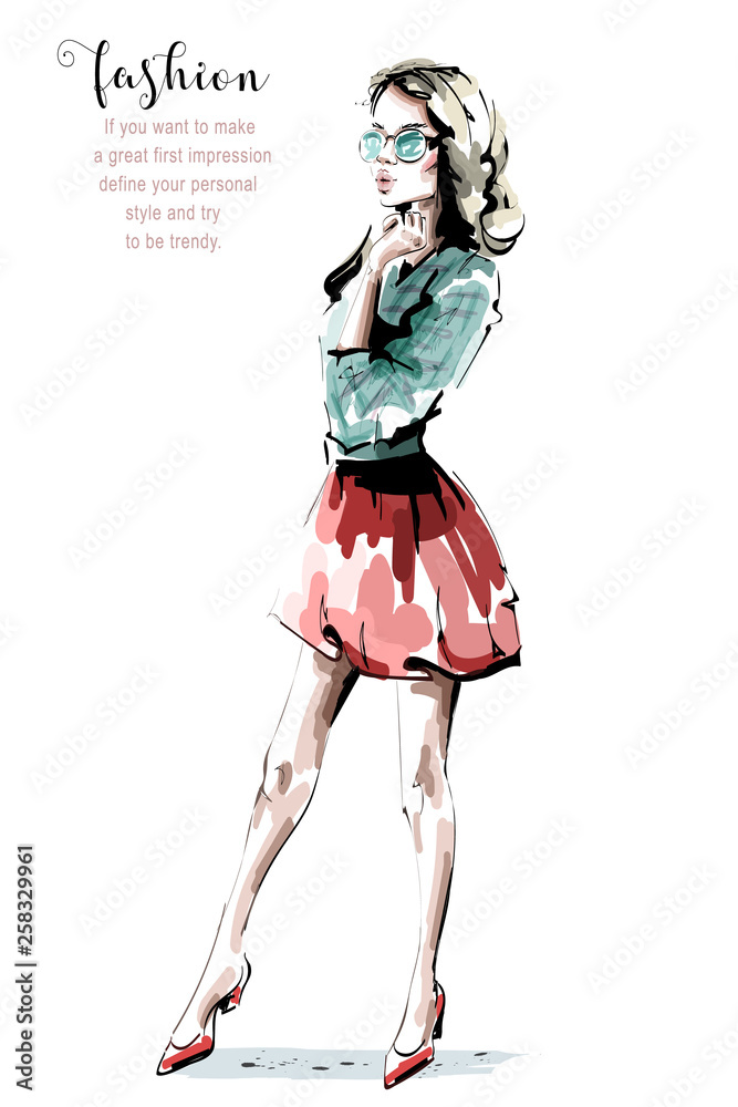 Hand drawn beautiful young woman in sunglasses. Stylish girl in red skirt. Fashion woman look. Sketch. Vector illustration. Hand drawn beautiful young woman in sunglasses. Stylish girl in red skirt. Fashion woman look. Sketch. Vector illustration.