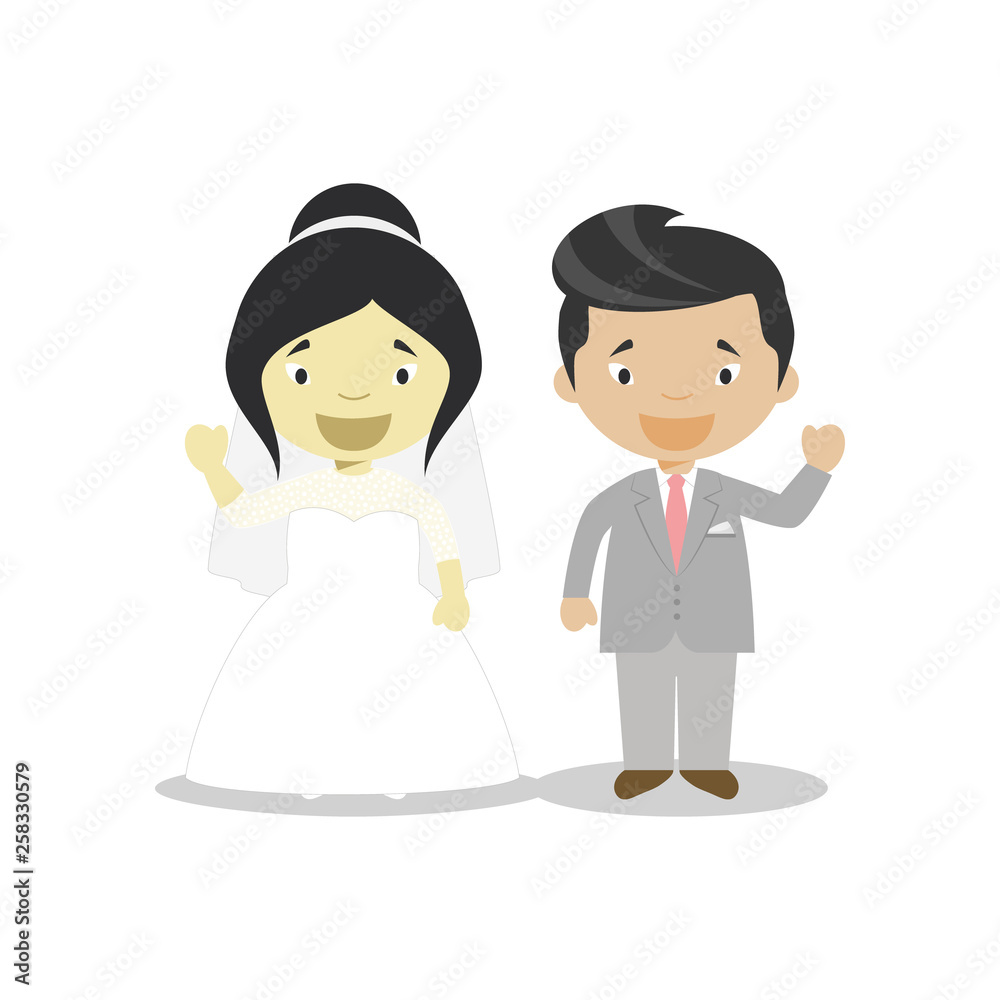 Oriental bride and oriental mestizo bridegroom Interracial newlywed couple in cartoon style Vector illustration Oriental bride and oriental mestizo bridegroom Interracial newlywed couple in cartoon style Vector illustration