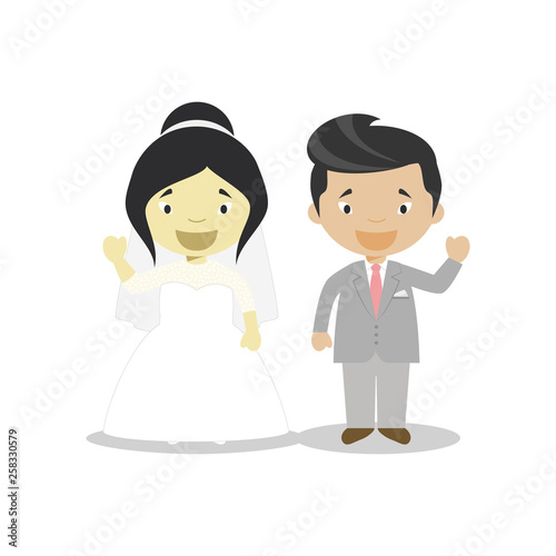 Oriental bride and oriental mestizo bridegroom Interracial newlywed couple in cartoon style Vector illustration